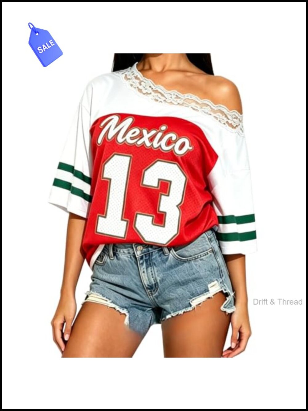 Oversized Graphic Tee Lace Off Shoulder Puerto Rico Jersey 90s Y2k Short Sleeve